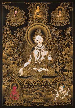 Black And Gold Style White Tara Thangka Art | Original Hand Painted Tibetan Thangka Painting | Meditation And Yoga | Wall Hanging Decoration